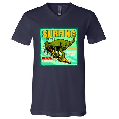 Surfing T-Rex V-Neck T-Shirt