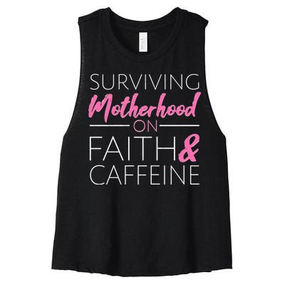 Surviving Motherhood on Faith and Caffeine Women's Racerback Cropped Tank