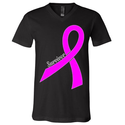 Survivor Breast Cancer Ribbon V-Neck T-Shirt