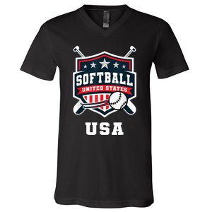 Softball USA Support The Team USA Flag V-Neck T-Shirt