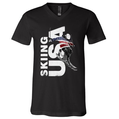 Skiing USA Support The Team USA Flag Ski V-Neck T-Shirt