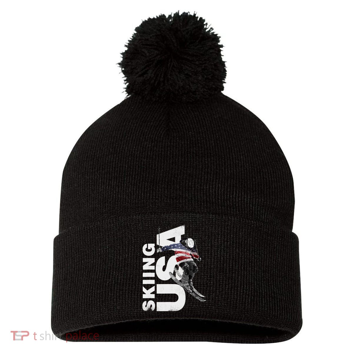 Skiing USA Support The Team USA Flag Ski Pom Pom 12in Knit Beanie