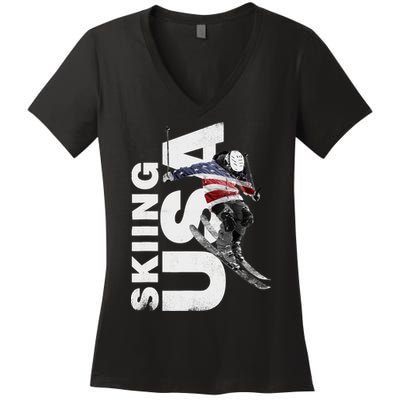 Skiing USA Support The Team USA Flag Ski Women's V-Neck T-Shirt