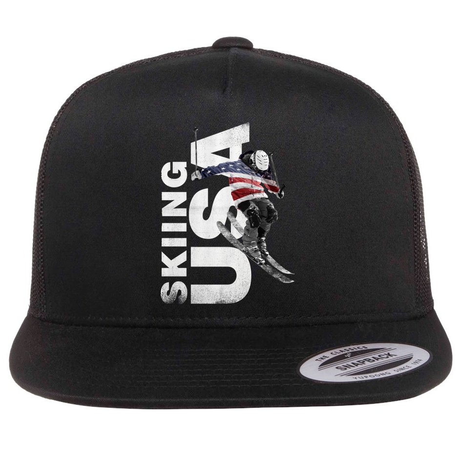 Skiing Usa Support The Team Cool Gift Usa Flag Ski Funny Gift Flat Bill Trucker Hat