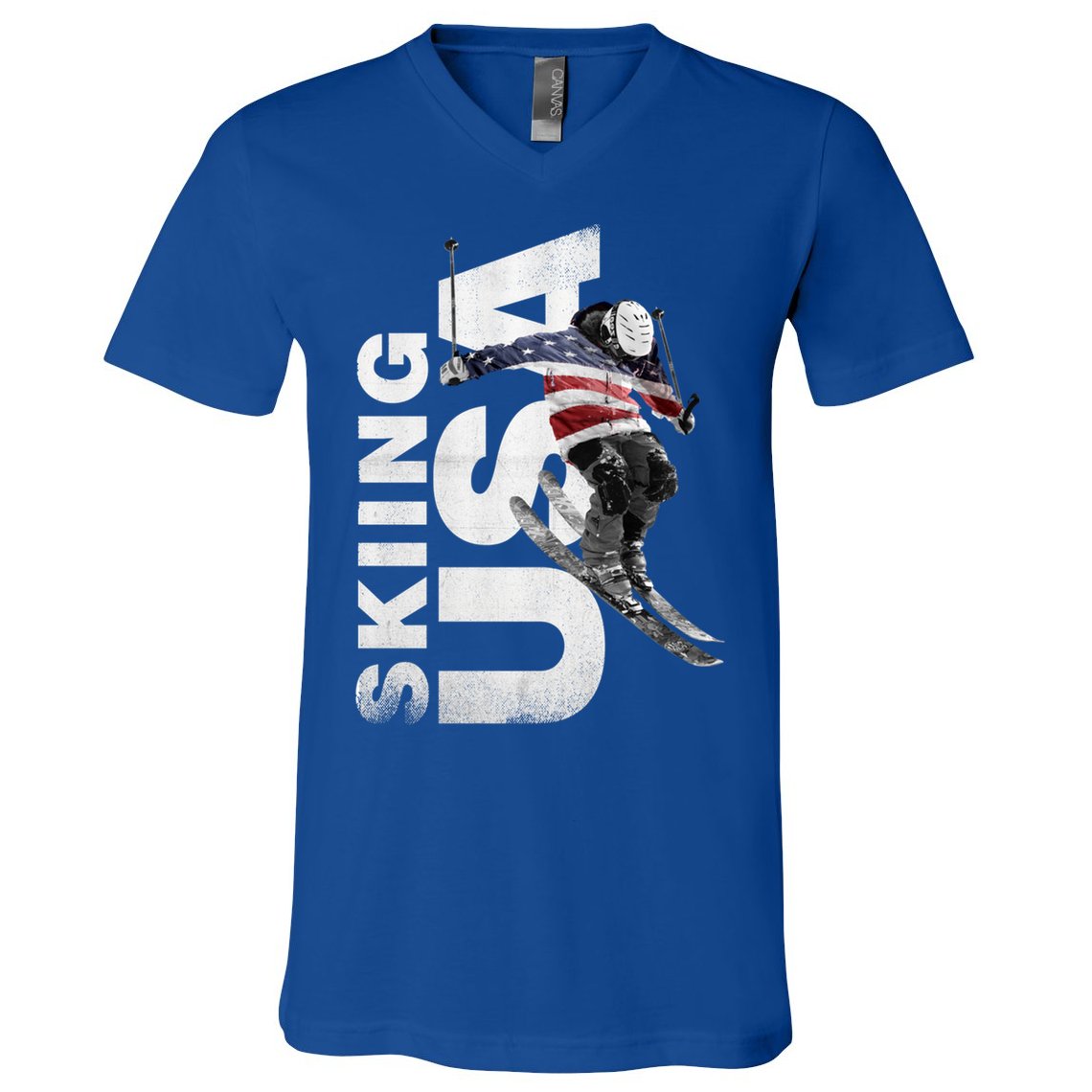 Skiing Usa Support The Team Cool Gift Usa Flag Ski Funny Gift V-Neck T-Shirt