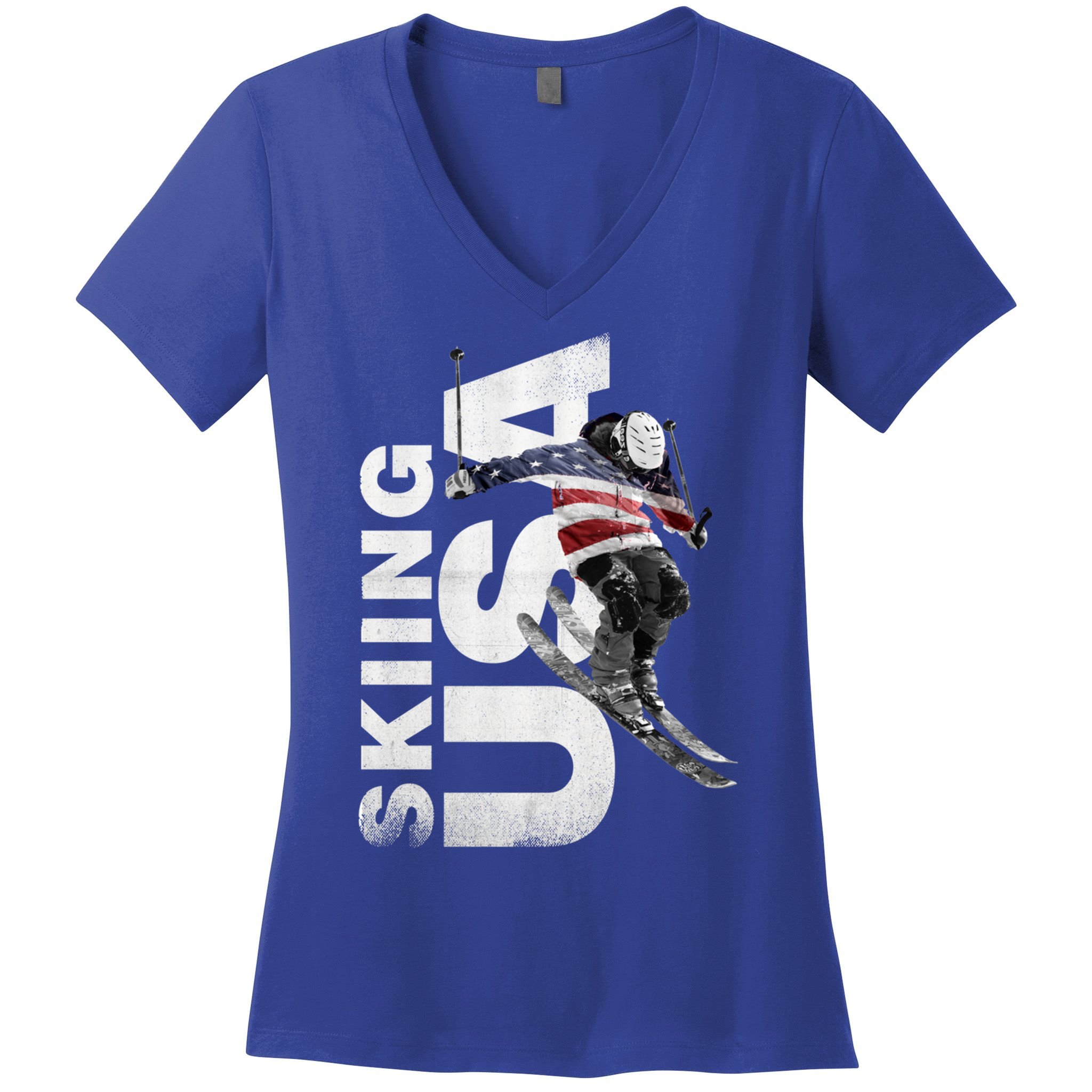Skiing Usa Support The Team Cool Gift Usa Flag Ski Funny Gift Women's V-Neck T-Shirt