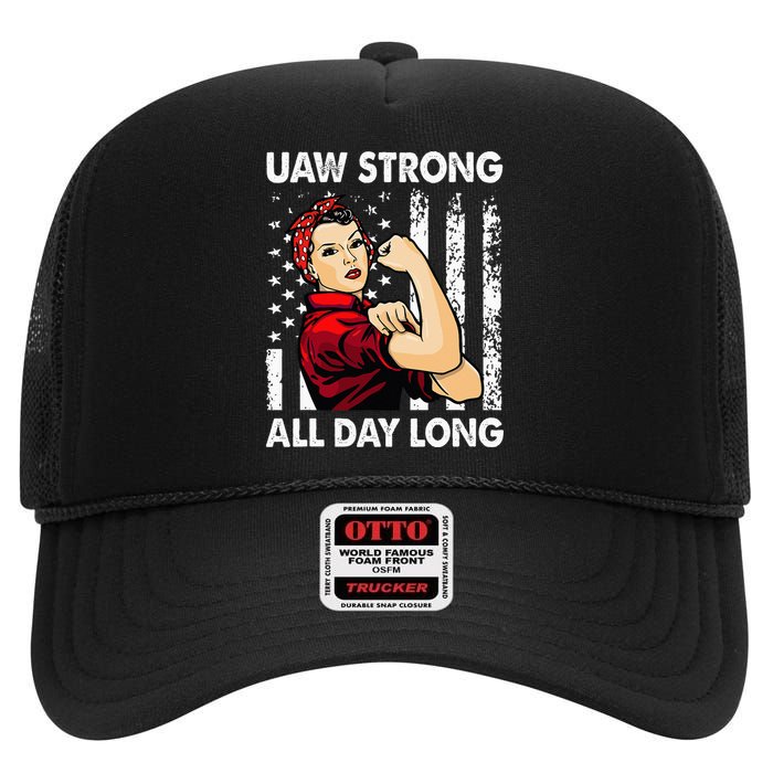 S UAW Strike Red United Auto Workers Picket Sign High Crown Mesh Back Trucker Hat