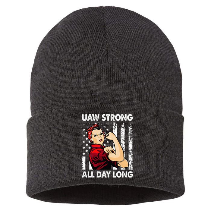 S UAW Strike Red United Auto Workers Picket Sign Sustainable Knit Beanie