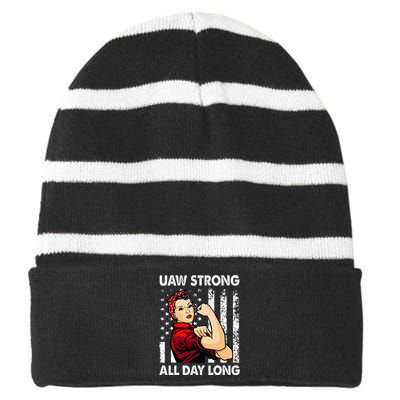 S UAW Strike Red United Auto Workers Picket Sign Striped Beanie with Solid Band