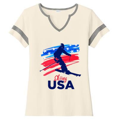 Skiing USA Support The Team USA Flag Ski Winter Ladies Halftime Notch Neck Tee