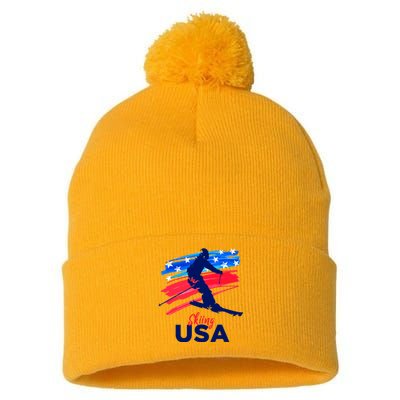 Skiing USA Support The Team USA Flag Ski Winter Pom Pom 12in Knit Beanie