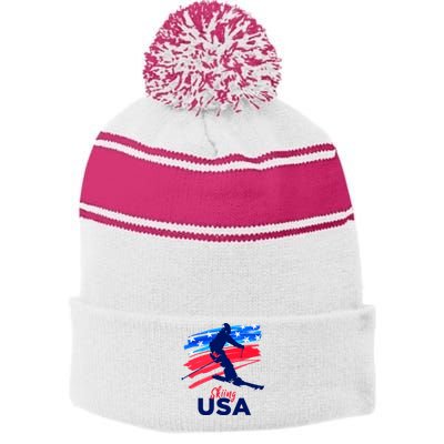 Skiing USA Support The Team USA Flag Ski Winter Stripe Pom Pom Beanie