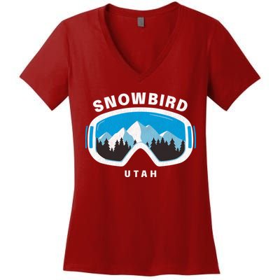Snowbird Utah Ski Snowboard Goggles Snow Mountain Women's V-Neck T-Shirt