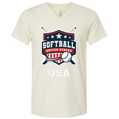 Softball Usa Support The Team Flag V-Neck T-Shirt