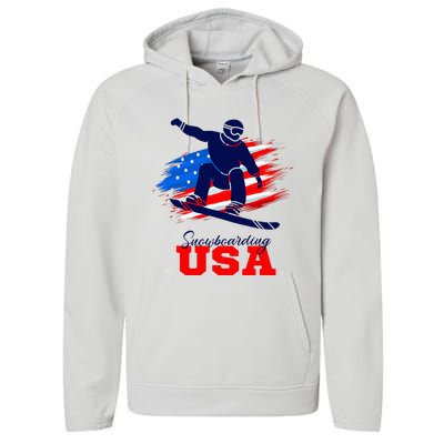 Snowboarding Usa Team American Flag Snowboard Sport Lover Performance Fleece Hoodie