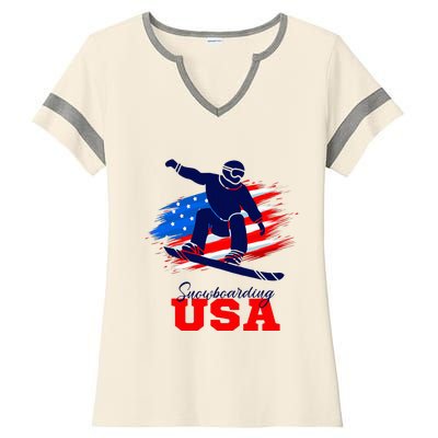 Snowboarding Usa Team American Flag Snowboard Sport Lover Ladies Halftime Notch Neck Tee