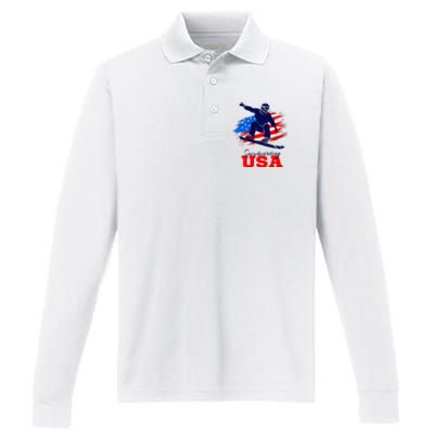 Snowboarding Usa Team American Flag Snowboard Sport Lover Performance Long Sleeve Polo