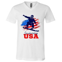 Snowboarding Usa Team American Flag Snowboard Sport Lover V-Neck T-Shirt