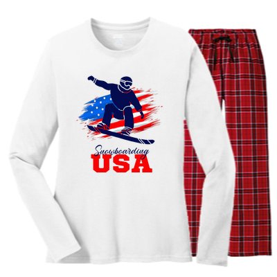 Snowboarding Usa Team American Flag Snowboard Sport Lover Women's Long Sleeve Flannel Pajama Set 