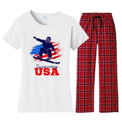 Snowboarding Usa Team American Flag Snowboard Sport Lover Women's Flannel Pajama Set