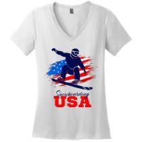 Snowboarding Usa Team American Flag Snowboard Sport Lover Women's V-Neck T-Shirt