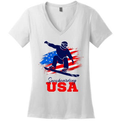 Snowboarding Usa Team American Flag Snowboard Sport Lover Women's V-Neck T-Shirt