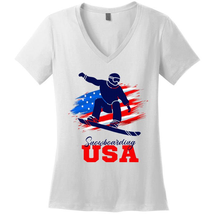 Snowboarding Usa Team American Flag Snowboard Sport Lover Women's V-Neck T-Shirt