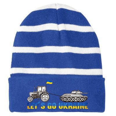 Support Ukraine Ukrainian Farmer Tractor Tank Let Go Ukraine Gift Striped Beanie with Solid Band