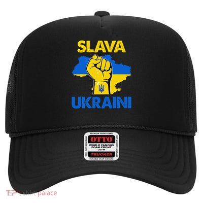 Slava Ukraini Ukraine Flag Colors Distressed Retro High Crown Mesh Back Trucker Hat
