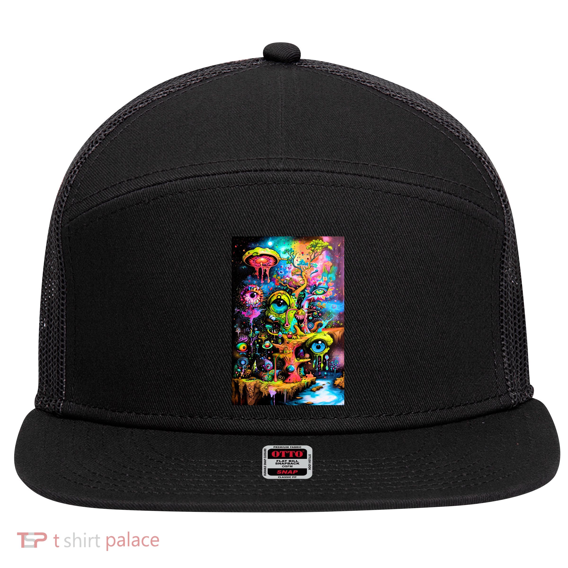 Surreal Vision: A Psychedelic Dreamscape 7 Panel Mesh Trucker Snapback Hat