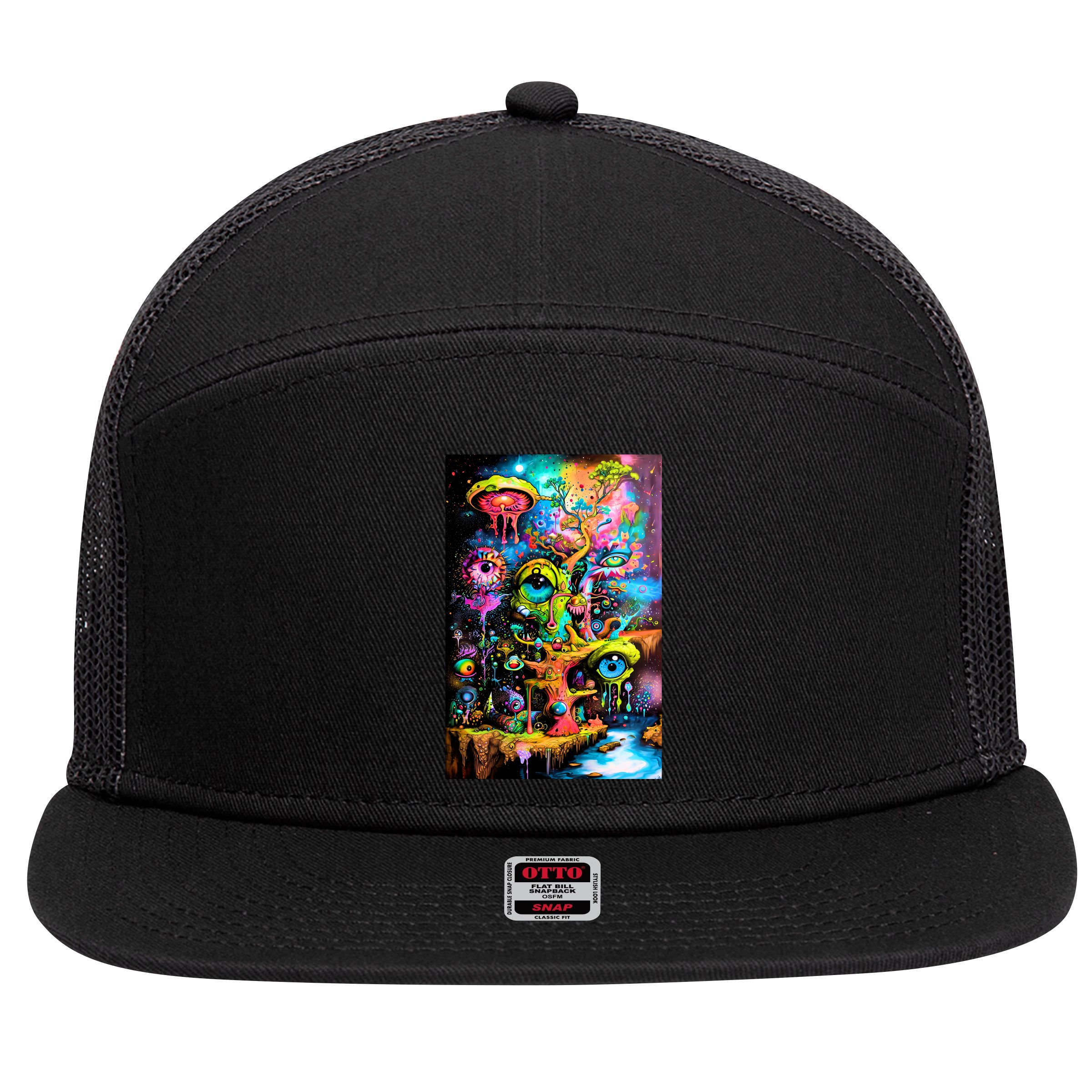 Surreal Vision: A Psychedelic Dreamscape 7 Panel Mesh Trucker Snapback Hat