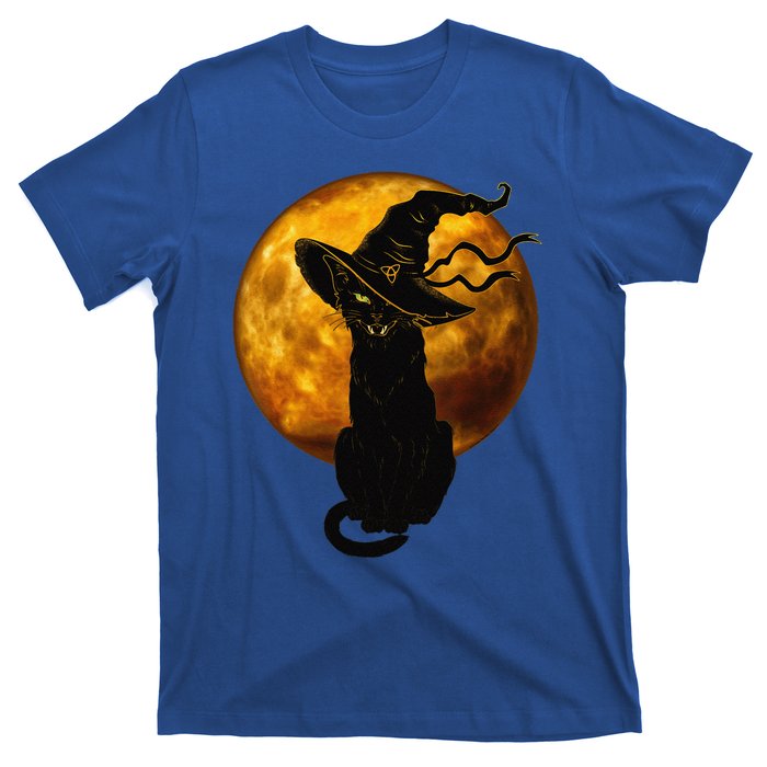 Scary Vintage Black Cat With Witch Hat Full Moon Halloween T-Shirt