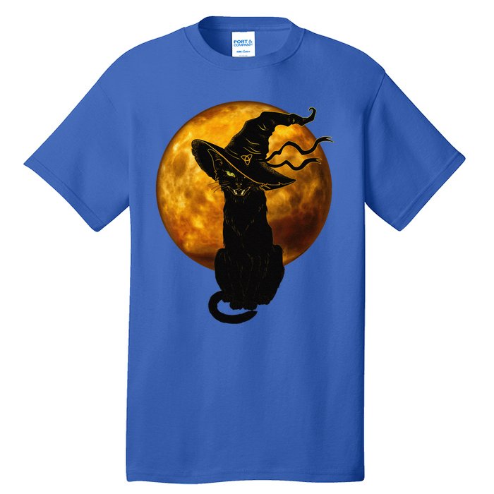 Scary Vintage Black Cat With Witch Hat Full Moon Halloween Tall T-Shirt