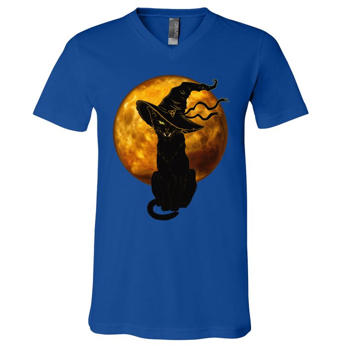 Scary Vintage Black Cat With Witch Hat Full Moon Halloween V-Neck T-Shirt