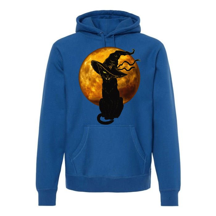 Scary Vintage Black Cat With Witch Hat Full Moon Halloween Premium Hoodie