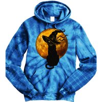 Scary Vintage Black Cat With Witch Hat Full Moon Halloween Tie Dye Hoodie