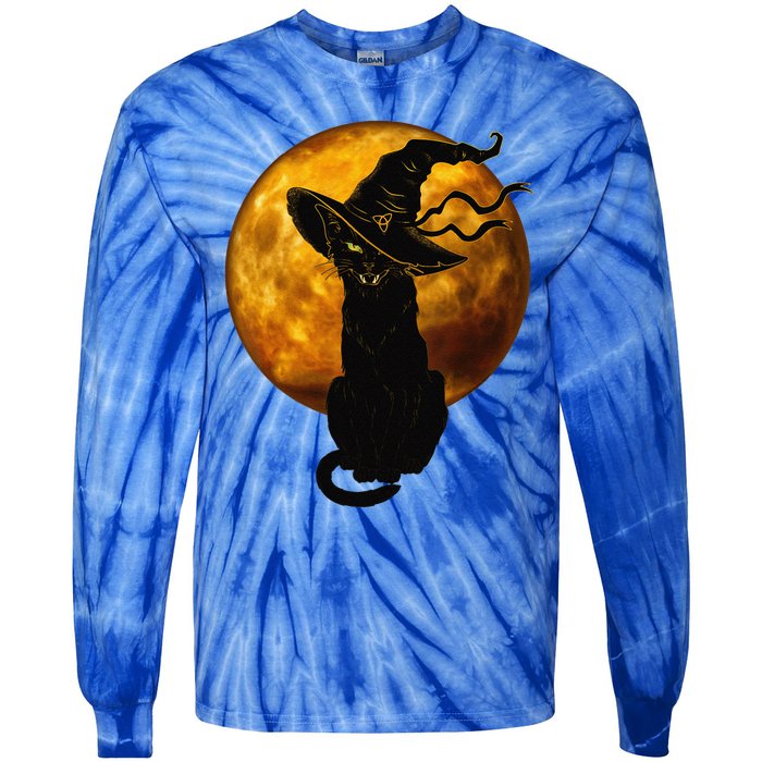 Scary Vintage Black Cat With Witch Hat Full Moon Halloween Tie-Dye Long Sleeve Shirt