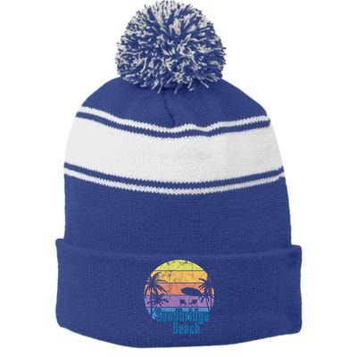 Sandbridge Virginia Beach Retro Sunset Family Beach Vacation Cute Gift Stripe Pom Pom Beanie