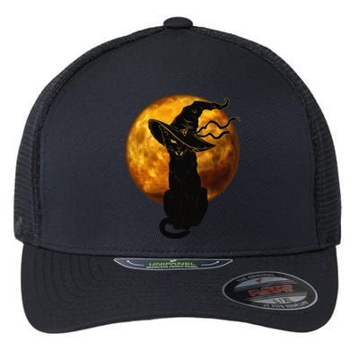 Scary Vintage Black Cat With Witch Hat Full Moon Halloween Flexfit Unipanel Trucker Cap