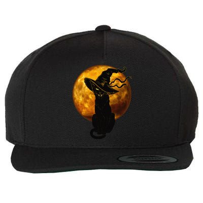 Scary Vintage Black Cat With Witch Hat Full Moon Halloween Wool Snapback Cap