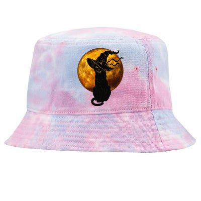 Scary Vintage Black Cat With Witch Hat Full Moon Halloween Tie-Dyed Bucket Hat