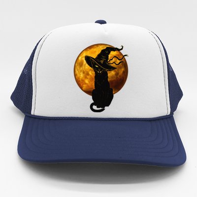 Scary Vintage Black Cat With Witch Hat Full Moon Halloween Trucker Hat