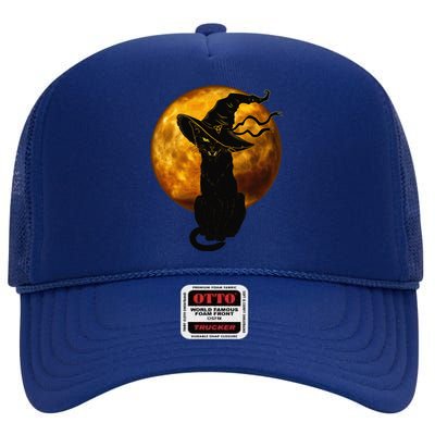 Scary Vintage Black Cat With Witch Hat Full Moon Halloween High Crown Mesh Back Trucker Hat