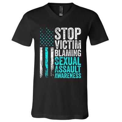 Stop Victim Blaming American Flag Sexual Assault Awareness V-Neck T-Shirt