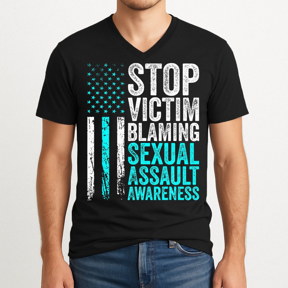 Stop Victim Blaming American Flag Sexual Assault Awareness V-Neck T-Shirt