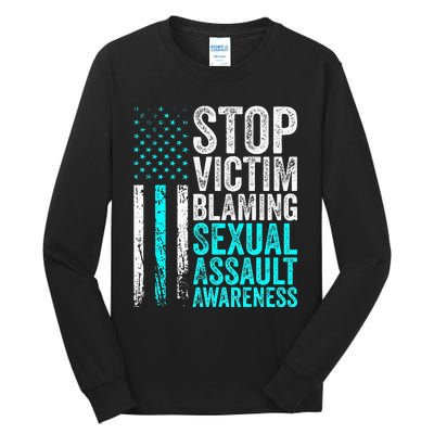 Stop Victim Blaming American Flag Sexual Assault Awareness Tall Long Sleeve T-Shirt