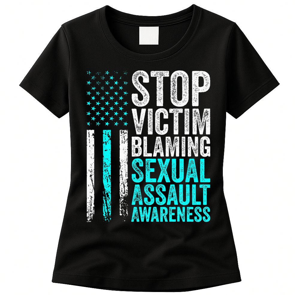 Stop Victim Blaming American Flag Sexual Assault Awareness Womens T-Shirt