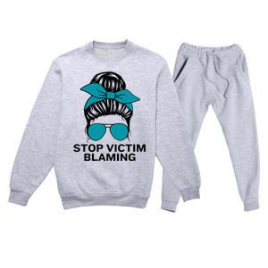 Stop Victim Blaming Messy Bun Sexual Assault Awareness Month Premium Crewneck Sweatsuit Set