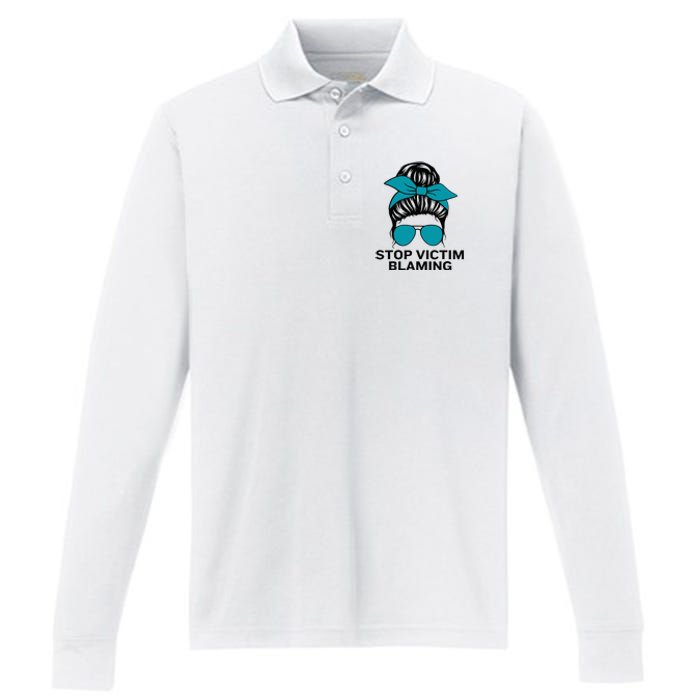 Stop Victim Blaming Messy Bun Sexual Assault Awareness Month Performance Long Sleeve Polo