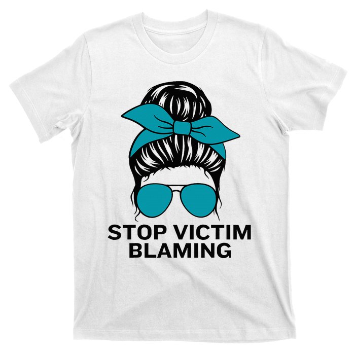 Stop Victim Blaming Messy Bun Sexual Assault Awareness Month T-Shirt